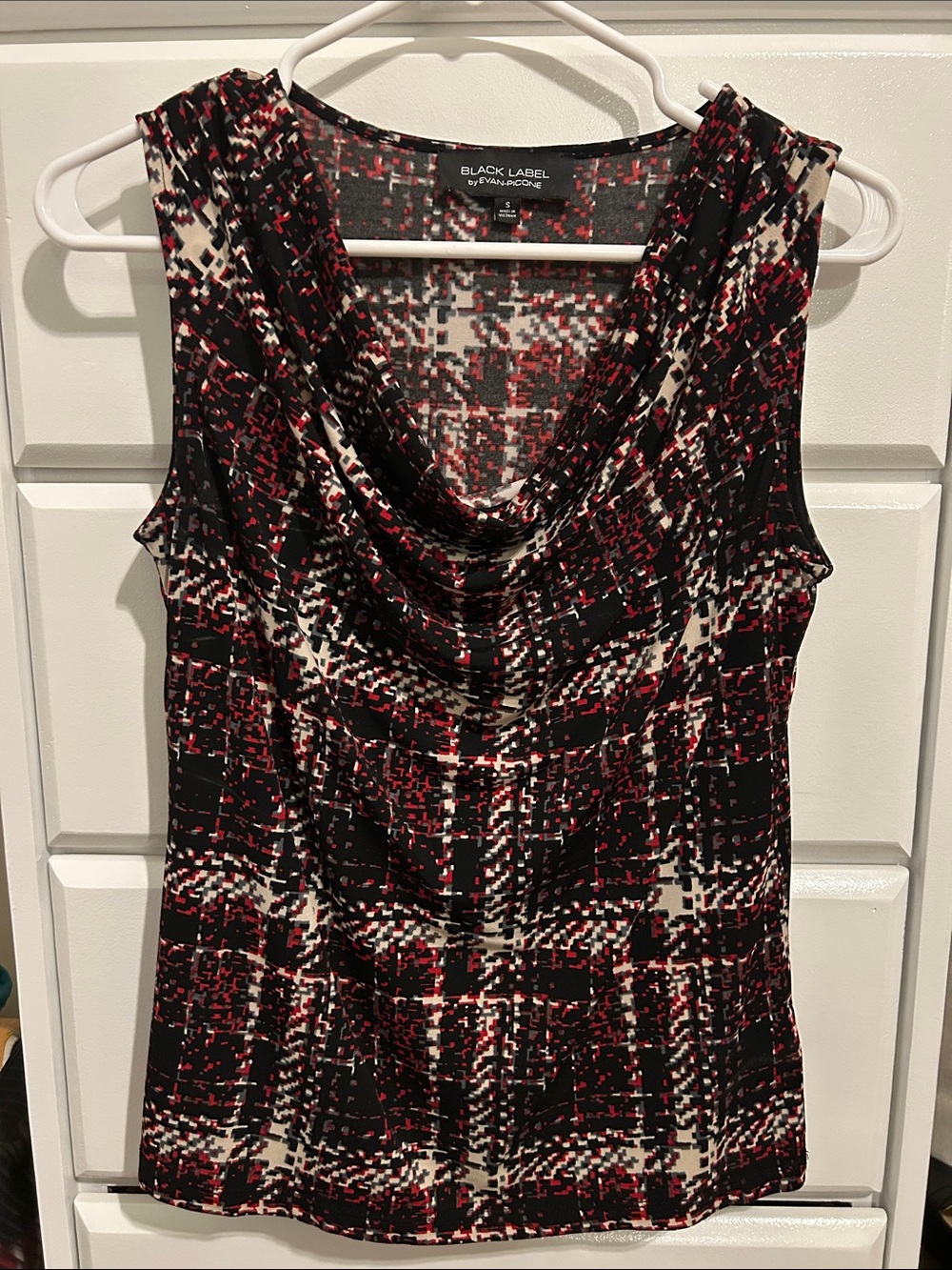 Evan Picone Black, Red & Cream Draped Cowl Neck Sleeveless Top